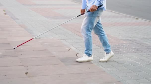 Hombre Ciego Bien Vestido Caminando Cerca Bordillo Con Bastón Blanco — Vídeo de stock