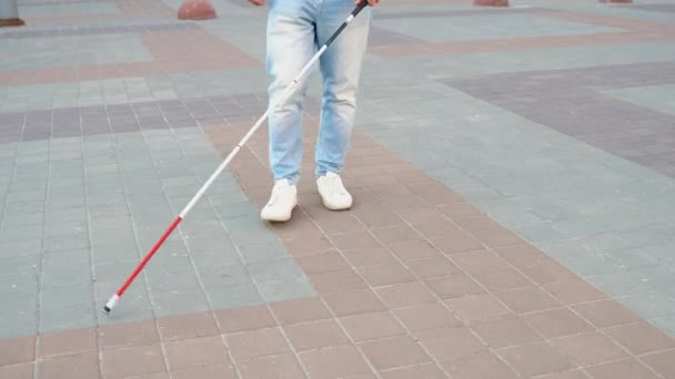 Giyimli Kör Adam Uzun Beyaz Bir Kamışla Kaldırım Kenarında Yürüyor — Stok video