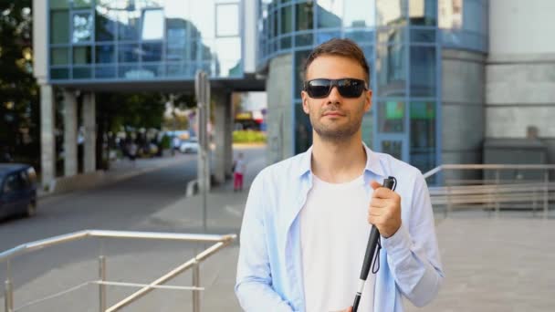 Portrait Blind Man Street Walking Long Cane — Stock Video