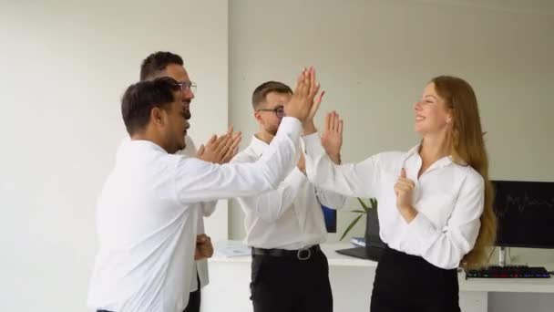 Businesswoman Giving High Five Male Colleague Meeting Business Professionals High — Stock Video