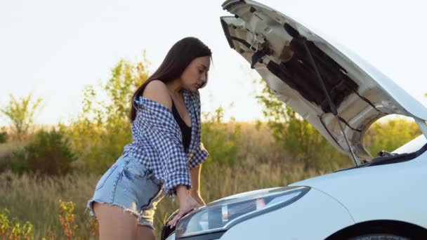 Розчарована Молода Жінка Стоїть Біля Розбитого Автомобіля Посеред Шосе Під — стокове відео