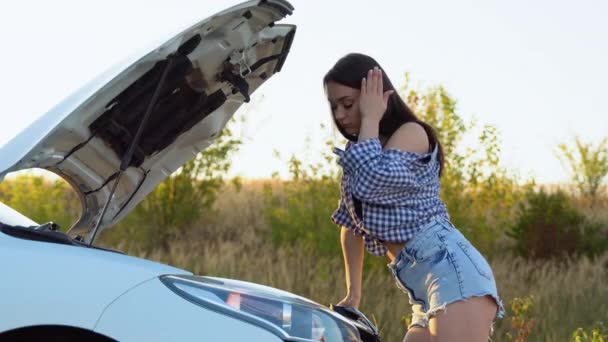 Mooie Vrouw Van Middelbare Leeftijd Met Auto Problemen Kapotte Auto — Stockvideo