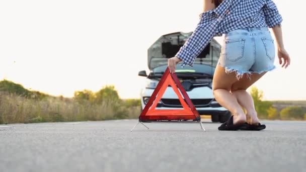Молода Жінка Трикутником Знак Обережності Дорозі Біля Розбитого Автомобіля — стокове відео