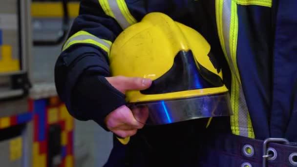 Firefighter Helmet Her Hands Standing Station Close — Stock Video
