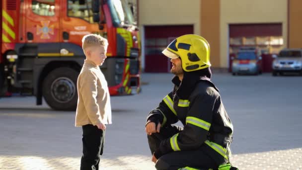 Firefighter Uniform Little Boy Fire Station — Stock Video