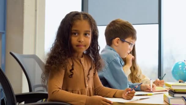 Schoolgirl Sitting Classroom Lesson Elementary School — स्टॉक व्हिडिओ
