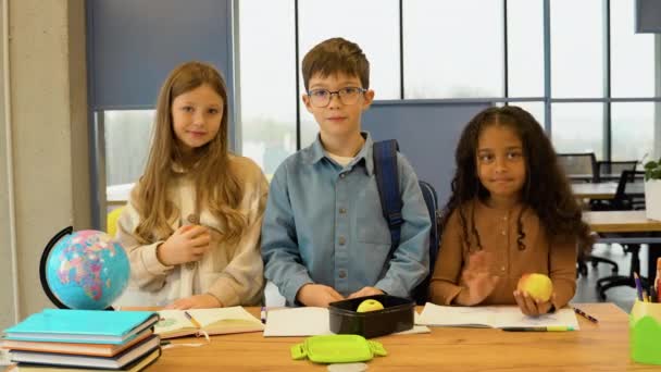 Різноманітні Школярі Шкільним Обіднім Столом Посміхаються Камері — стокове відео