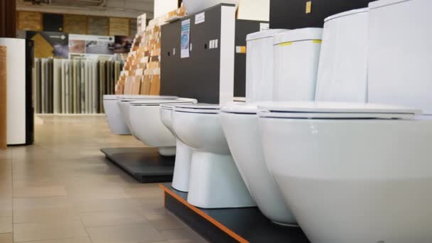 Ceramic Toilet Bowls Different Types Color Shop — Stock Video