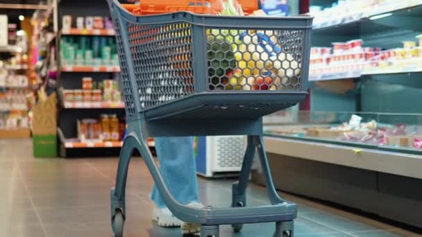Womens Voeten Lopen Door Supermarkt Trekken Winkelwagentje — Stockvideo
