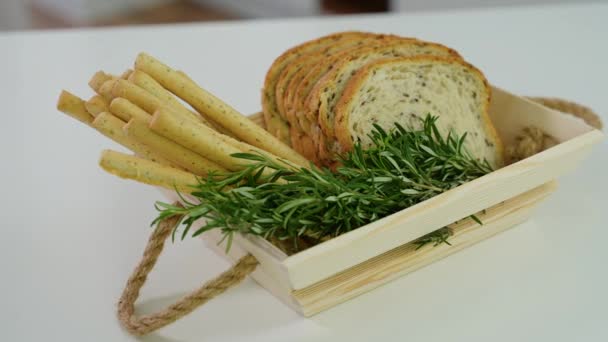 Homemade Cheese Bread Sticks Fresh Toaster Bread Light Wooden Basket — Stock Video