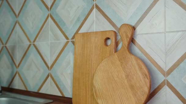 Two Wooden Handmade Craft Cutting Boards Kitchen — Stock Video