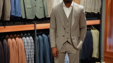 Lüks giyim mağazasında yeni takım elbiseli Afrikalı Amerikalı genç adam..