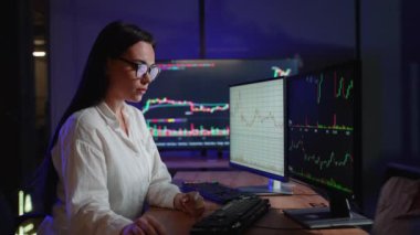 Kadın şifreleme simsarı broker finansal mumları analiz eder, şifreli para, hisse senedi ve tahvilleri alır ve satar. Kripto para birimi ve borsa büyümesi ve düşüşü kavramı