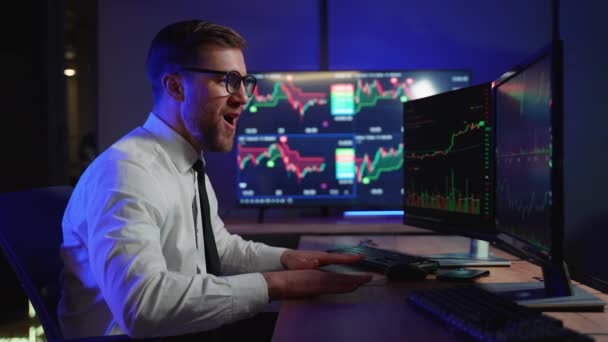 Crypto Trader Investor Broker Analyzes Financial Candles Graphs Buys Sells — Stock Video
