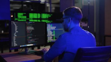 Programlama. Bilgisayarda çalışan, masa başında oturmuş kod yazan bir adam. Programcı Veri Kodu Yazıyor, Yazılım Geliştirme Şirketinde Proje Üzerinde Çalışıyor