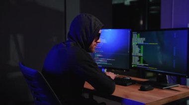 Tehlikeli kukuletalı Hacker hükümet veri sunucuları keser ve bir virüs ile onların sistemi bozar. Onun saklanma yerine karanlık atmosfer, birden çok ekran, kabloları her yerde vardır.