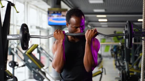 Homem Atlético Afro Americano Treina Com Barra Bombeando Seus Bíceps — Vídeo de Stock