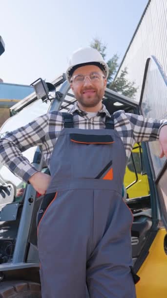 Portrait Smiling Warehouse Worker Forklift Loader — Stock Video