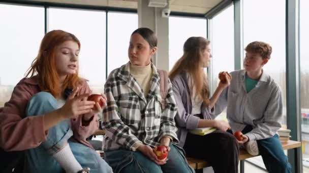 Přátelští Studenti Mají Jablka Přestávce Oběd — Stock video