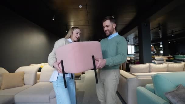 Man Woman Choosing Chairs Furniture Store — Stock Video