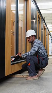 Prefabrik eve pencere kurarken köpük kullanan işçiler. Bileşik ahşap panellerden yeni ve modern prefabrik modüler evler inşa ediliyor. Enerji verimli panel montajı