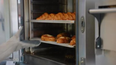 Baker hazır çörek ve kruvasan alır. Profesyonel fırın. Fırın yapımı taze pişmiş yiyecekler. Yemek pişirme süreci. Pastane Konsepti