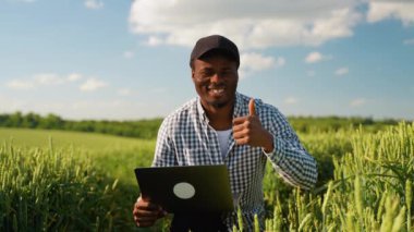 Buğday tarlasında dizüstü bilgisayarlı Afro-Amerikan çiftçi portresi. Akıllı tarım konsepti. Tarım, iş ve kırsal konsept