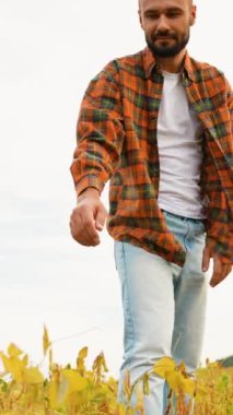 Bir çiftçi, bitkilerin büyümesini incelemek için soya fasulyesi tarlasına eğilir. Ürünlerin gelişimini dikkatlice değerlendirir ve sağlıklı ve başarılı bir hasat sağlar.