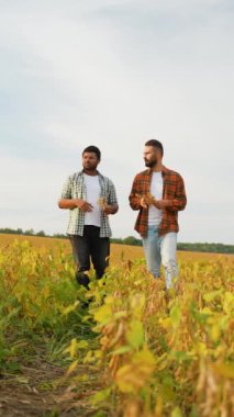 İki çiftçi yemyeşil bir soya tarlasında yürüyor, bitkileri tutuyor ve ekinlerin büyümesini tartışıyor. Sahne, sürdürülebilir tarımda işbirliği ve adanmışlığı yakalıyor
