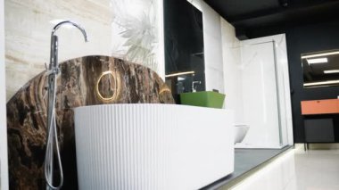 Lüks fayansları olan şık banyo vitrinleri, eşsiz bir serbest banyo küveti ve modern eşyalar, herhangi bir banyo alanı için zarif dekorasyon seçenekleri.