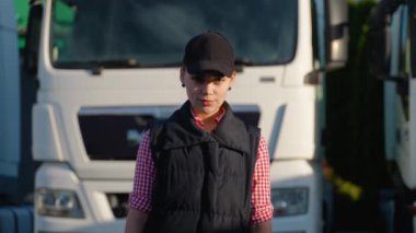 Siyah şapkalı ve üniformalı kadın kamyon şoförü güvenli bir şekilde park halindeki kamyonların yanında duruyor. Profesyonel ve bir ulaşım ayarında odaklanmış.