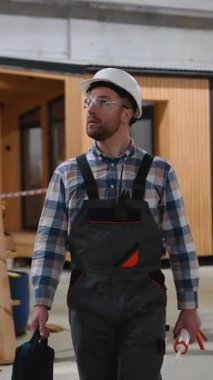 Güvenlik teçhizatı olan bir inşaat işçisi, modern prefabrikasyondaki üretim ve kalite kontrolünü denetleyen bir modüler ev fabrikasında yürüyor..