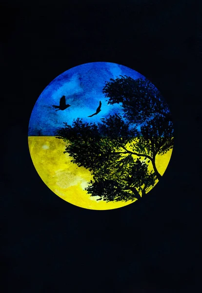 watercolor Full moon and silhouetted tree with birds in the night sky.