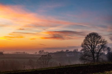 günbatımı alanında. güzel sonbahar sisli manzara Ukrayna Köyü