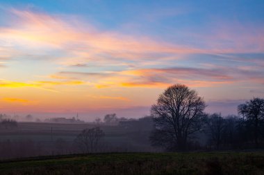 günbatımı alanında. güzel sonbahar sisli manzara Ukrayna Köyü