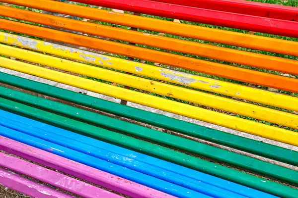 Gökkuşağı renkleriyle boyanmış canlı bir bank yemyeşil ağaçlar ve otlarla dolu canlı bir parkta oturuyor..