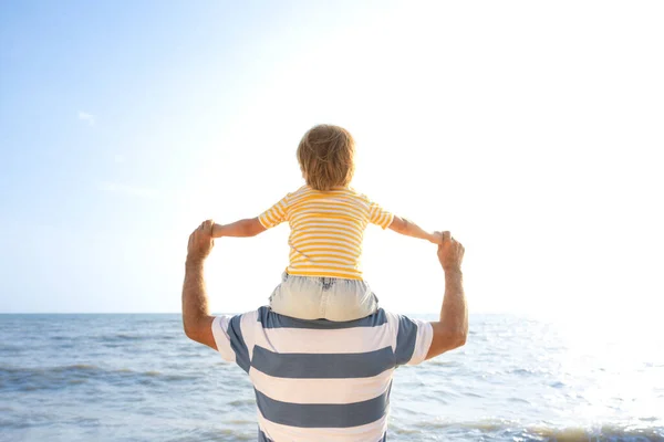 Mutlu Aile Sahilde Eğleniyor Baba Oğul Mavi Deniz Gökyüzü Arka — Stok fotoğraf