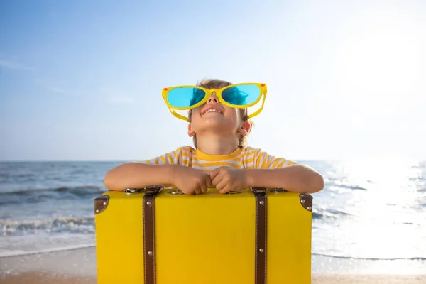 Happy Child Enjoying Sun Blue Sky Background Kid Suitcase Having — Stock Photo, Image