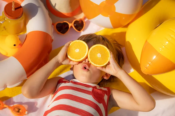 Surprized Child Holding Slices Orange Fruit Sunglasses Kid Wearing Striped — Stock Photo, Image