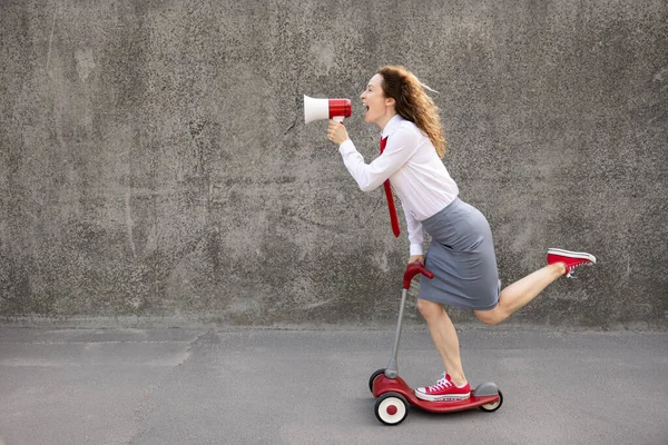 Happy Businesswoman Riding Scooter Outdoor Portrait Young Woman Shouting Loudspeaker — Stock Photo, Image