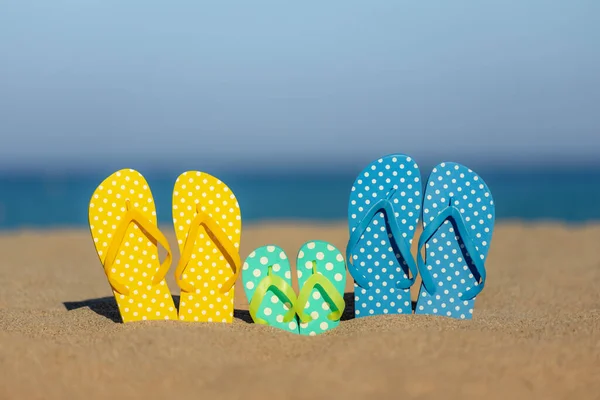 Flerfärgade Flip Flops Sandiga Baech Mot Havet Och Himlen Bakgrund — Stockfoto