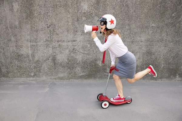 Happy Businesswoman Riding Scooter Outdoor Portrait Young Woman Shouting Loudspeaker — Stock Photo, Image