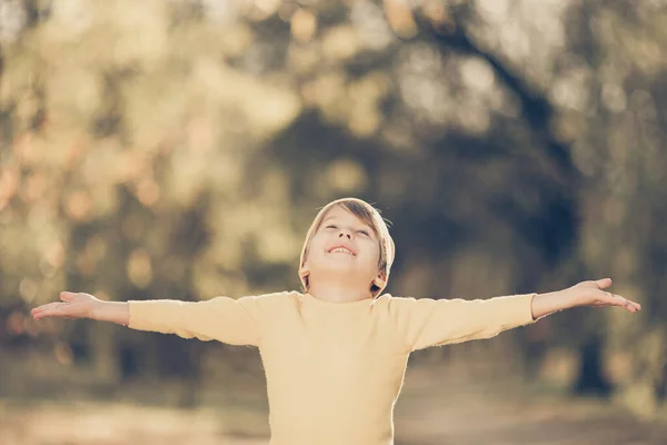Πορτρέτο Του Ευτυχισμένου Παιδιού Φόντο Κίτρινα Φύλλα Χαμογελαστό Παιδί Διασκεδάζει — Φωτογραφία Αρχείου