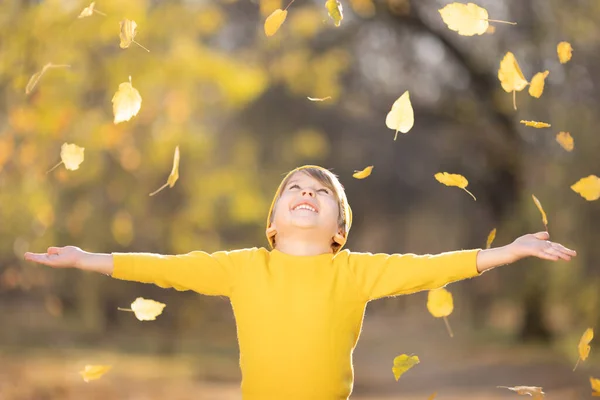 Χαρούμενο Παιδί Ξερνάει Κίτρινα Φύλλα Χαμογελαστό Παιδί Διασκεδάζει Στο Πάρκο — Φωτογραφία Αρχείου
