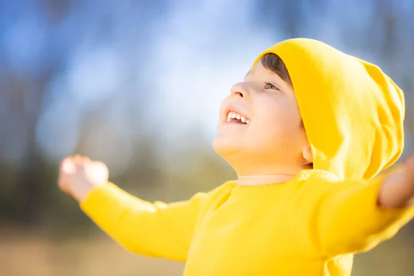Retrato Criança Feliz Contra Fundo Folhas Amarelas Criança Sorridente Divertindo — Fotografia de Stock