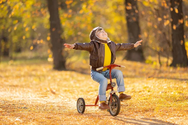 在黄叶背景下快乐儿童飞行员的画像 有趣的孩子骑自行车在秋天公园的室外 自由和想象的概念 — 图库照片