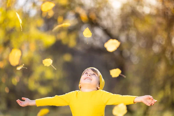 Mutlu Çocuk Sarı Yapraklar Kusar Gülümseyen Çocuk Sonbahar Parkında Eğleniyor — Stok fotoğraf