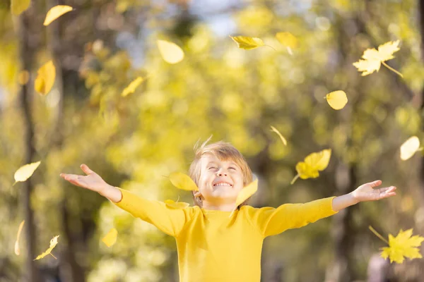 快乐的孩子吐出黄色的叶子 在秋天的公园里 孩子们在外面玩得很开心 自由和想象的概念 — 图库照片