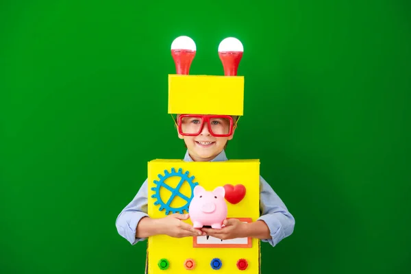 Bambino Felice Che Indossa Robot Scuola Ragazzo Divertente Idea Ragazzo — Foto Stock