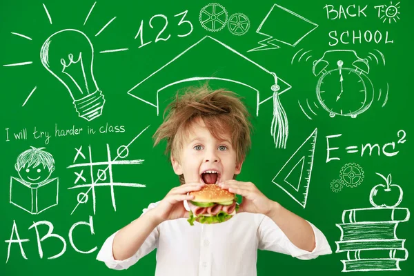 Surprised Child Class Funny Kid Green Chalkboard Background Back School — Stock Photo, Image